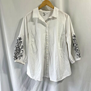 J.Jill White Shirt Collection Embroidered Paisley 1X Puff Sleeve Button Down